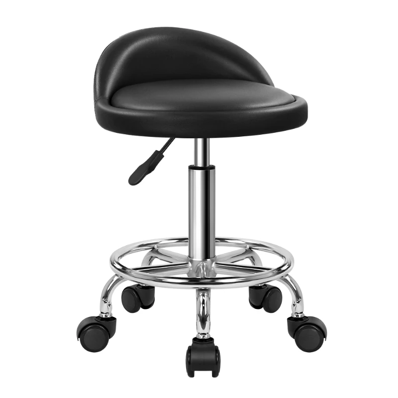 

*PU Leather Round Rolling Stool with Foot Rest Height Adjustable Swivel Drafting Work Task Chair with Wheels (Black)