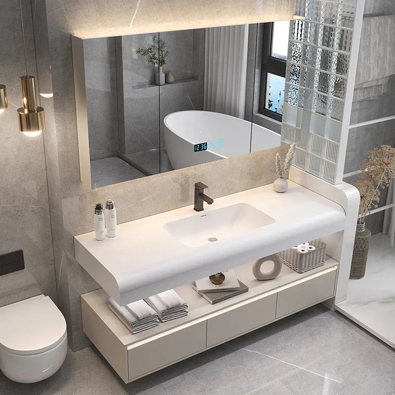 

Integrated Bathroom Furniture Skin Mirror Sensor Vanity Cabinet with Sink Washing Bathroom Arc Table Combination To Wash