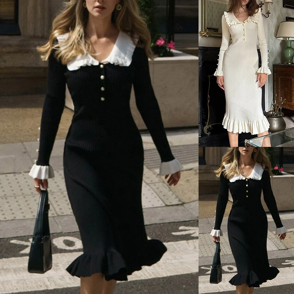 패션 핫 드레스 슬림 롱 드레스 브이넥 여성 빈티지 드레스 브랜드 신상 여성용 고탄력 폴리에스터