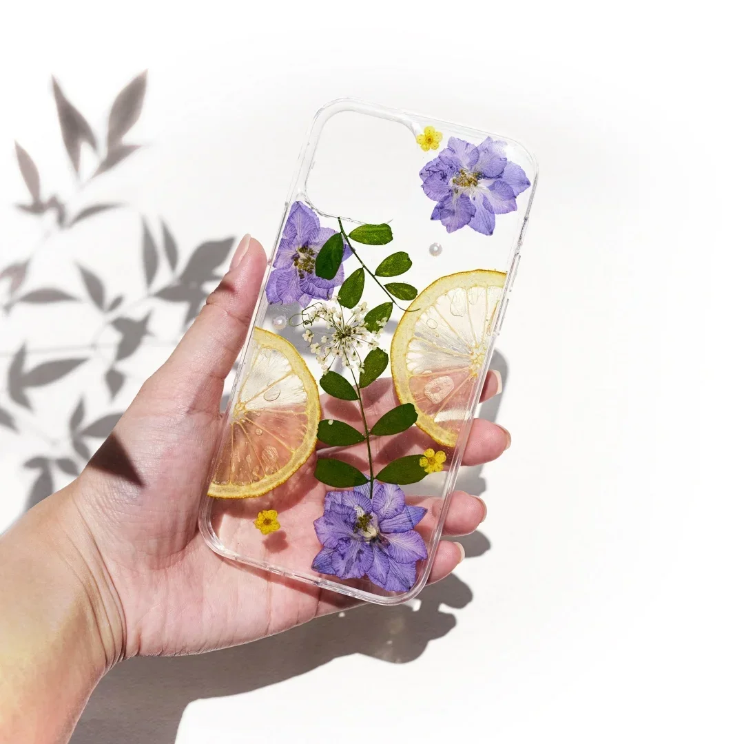 Pressed flower Lemon phone case for iphone 15 14 13 12 11 pro max SE case, Samsung galaxy s21 S22 S23 S24 case。