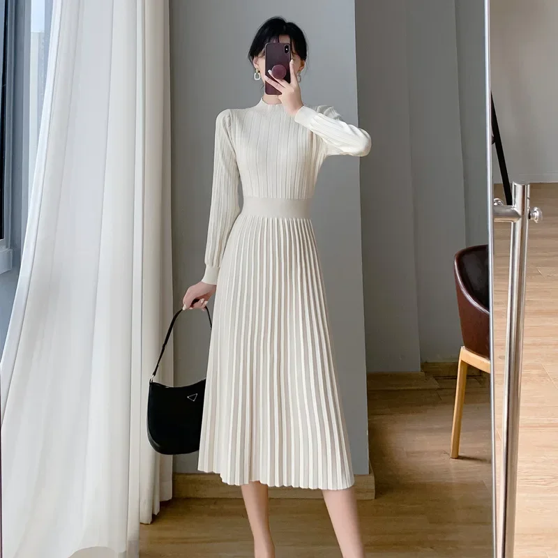 

Autumn/winter Medium-length Sweater Dress Half Turtleneck Waist-fitted Women's Innerknit Overcoat For Casual Wear