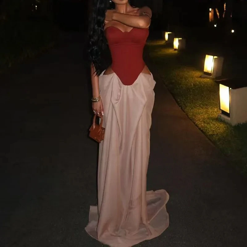 

Sexy Tube Tops Hollow Out Slim Evening Dress Elegant Color Blocked Pleated Party Dress Summer Off Shoulder Women's Banquet Dress