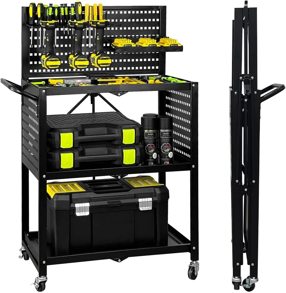 

3-Tier Foldable Rolling Tool Cart with Wheels, Utility Cart with Pegboard for Garage Organizer and Tool Storage