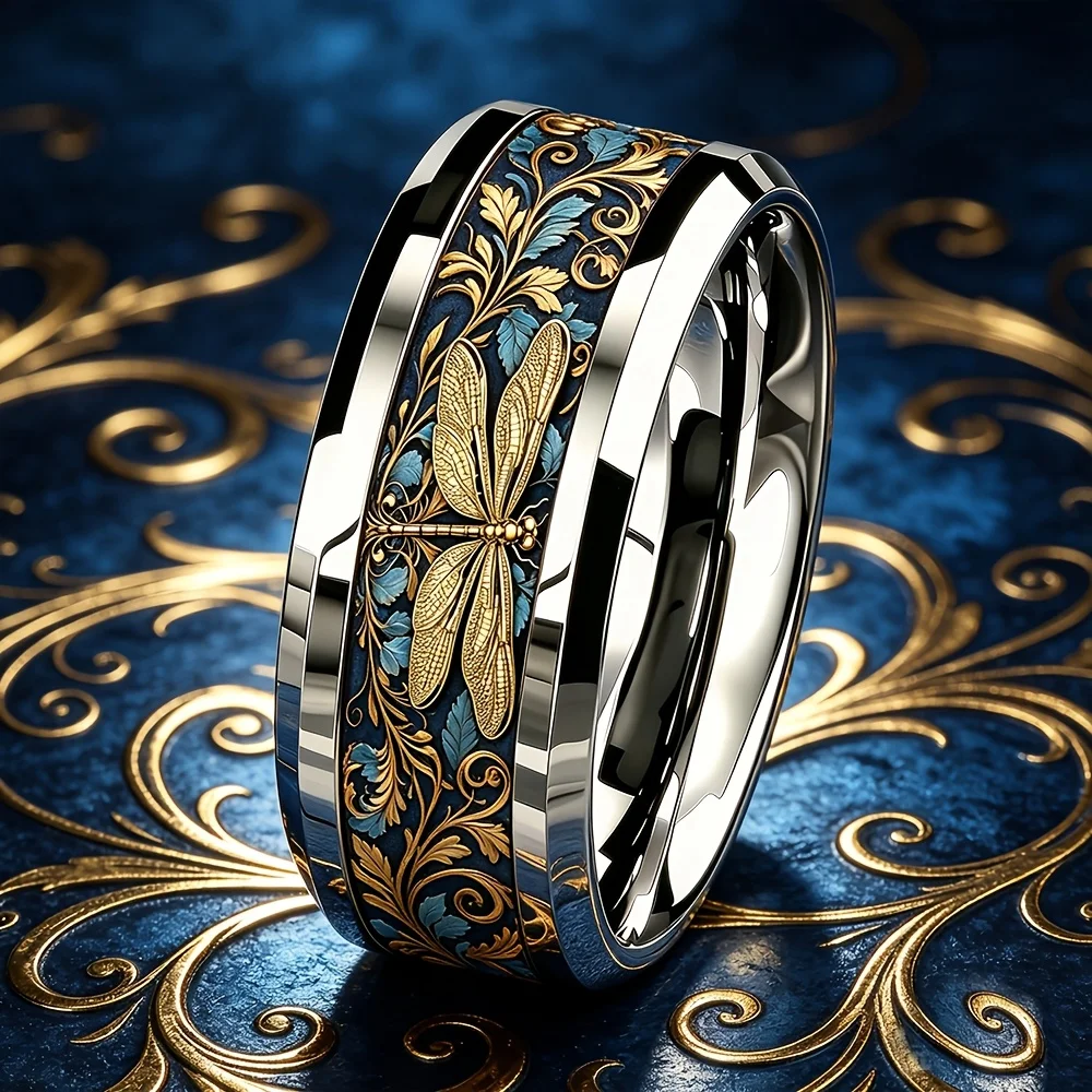 Vintage Court-Style Dragonfly Inlay Ring Boho Baroque Floral Stainless Steel Rings for Men Women Wedding Party Jewelry Gift