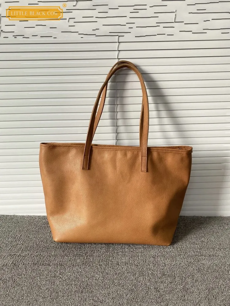 

Office Ladies Tote Handbag Solid Color Zipper Genuine Leather Casual Single Shoulder Bag Womens Designer Cowhide Underarm Bags