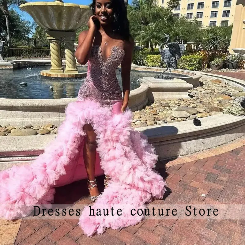 Sparkly Roze Lange Galajurken 2025, Luxe Zwart Meisje Kralen Kristallen Ruches Avond Verjaardag Galajurk Met Split Op Maat