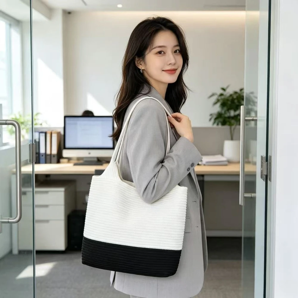 Large-capacity High-quality Textured Black and White Spliced Wear-resistant Fly-knit Single-shoulder Tote Bag