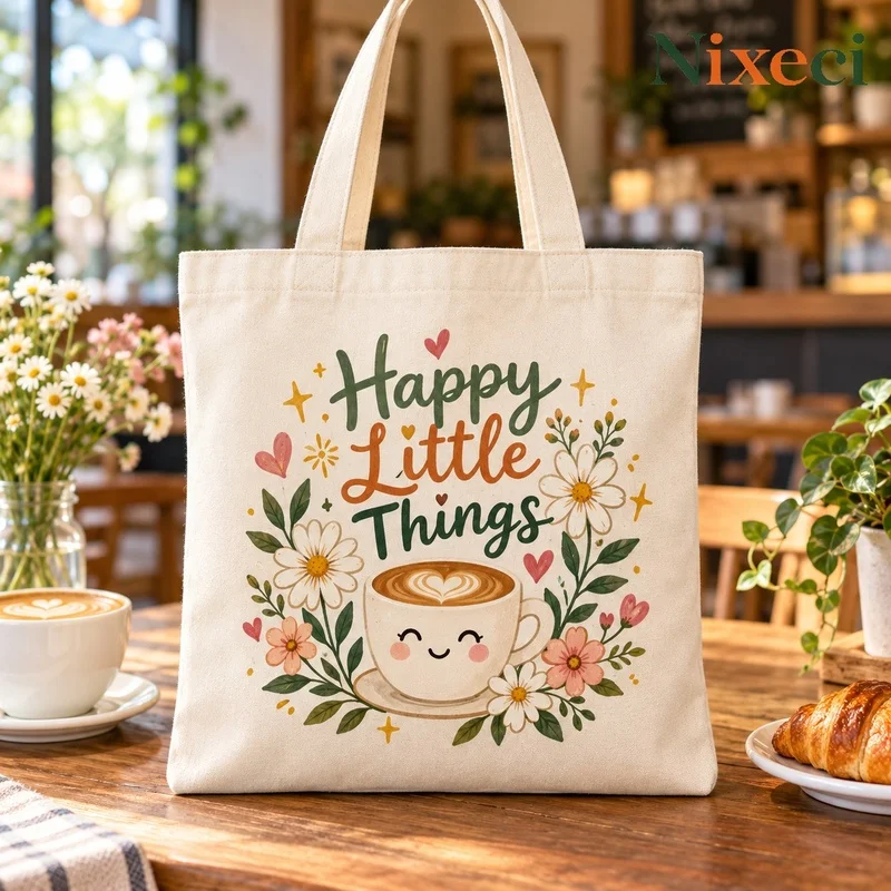 Happy Little Things Canvas Tote Bag Cute Coffee Cup Daisy Flower Letter Print Casual Reusable Women Shoulder Shopping Bag