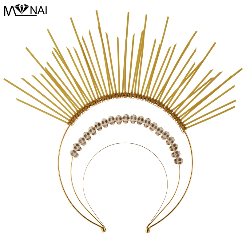 Women Headband Cosplay Gold Plastic Sunburst Halo Crown Gothic Retro Skull Headpiece Fancy Dress