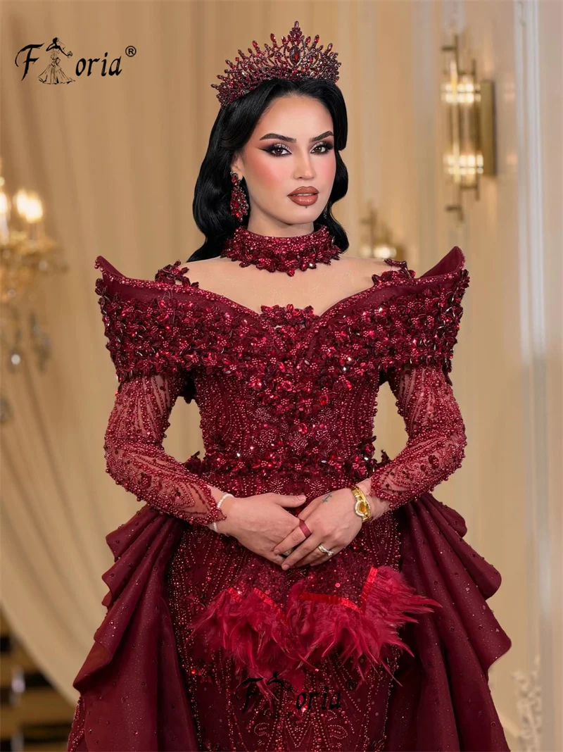 

New Luxo Beaded Mermaid Wedding Dresses with Detachable Train Burgundy Crystal Dubai Aso Ebi Woman Formal Party Dress Customized