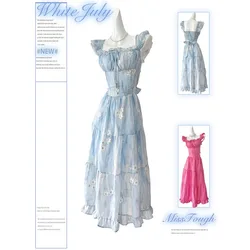 Summer Chiffon Elegant Midi Dress Women beach Slim Lace Print Ruffles Pleated Cake Sleeveless Dress Even Party Style Clothing