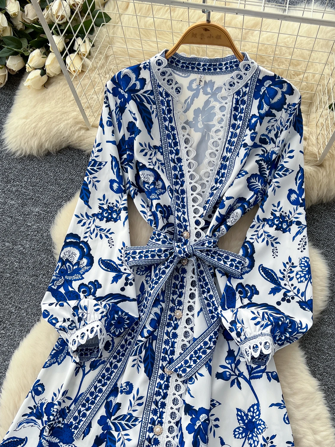 우아한 플로럴 프린트 맥시 드레스 여성 여름 버블 소매 크로스 넥 타이 허리 A라인 롱 스커트 하이 웨이스트 폴리에스터 섬유