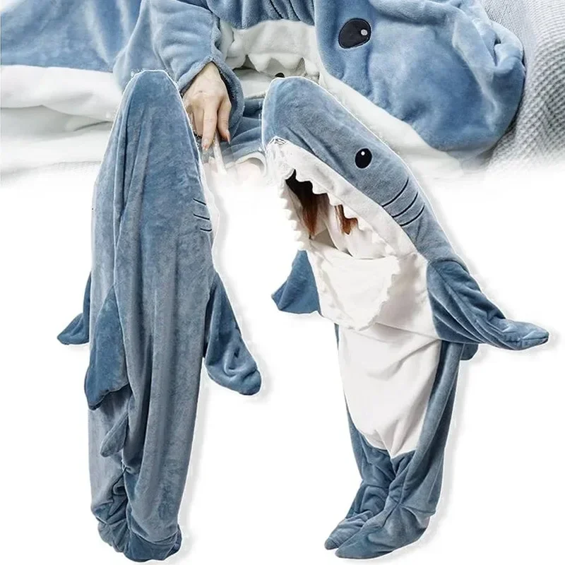 1pc Shark Costume For Adult Wearable Winter Warm Blanket Hooded Playsuit Cosplay Pajamas Funny Sleeping Bag For Slumber Party