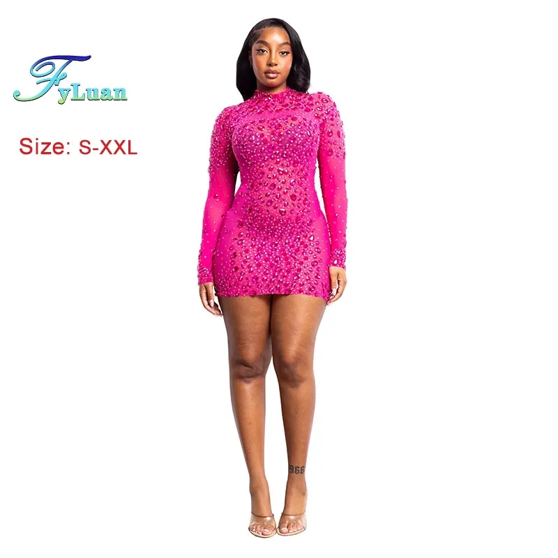 Mode Dameskleding Sexy Mesh Mini-jurk Effen Kleur Sheer Afslankende Bodycon Jurk Lange Mouw Nauwsluitende Nachtclubjurk