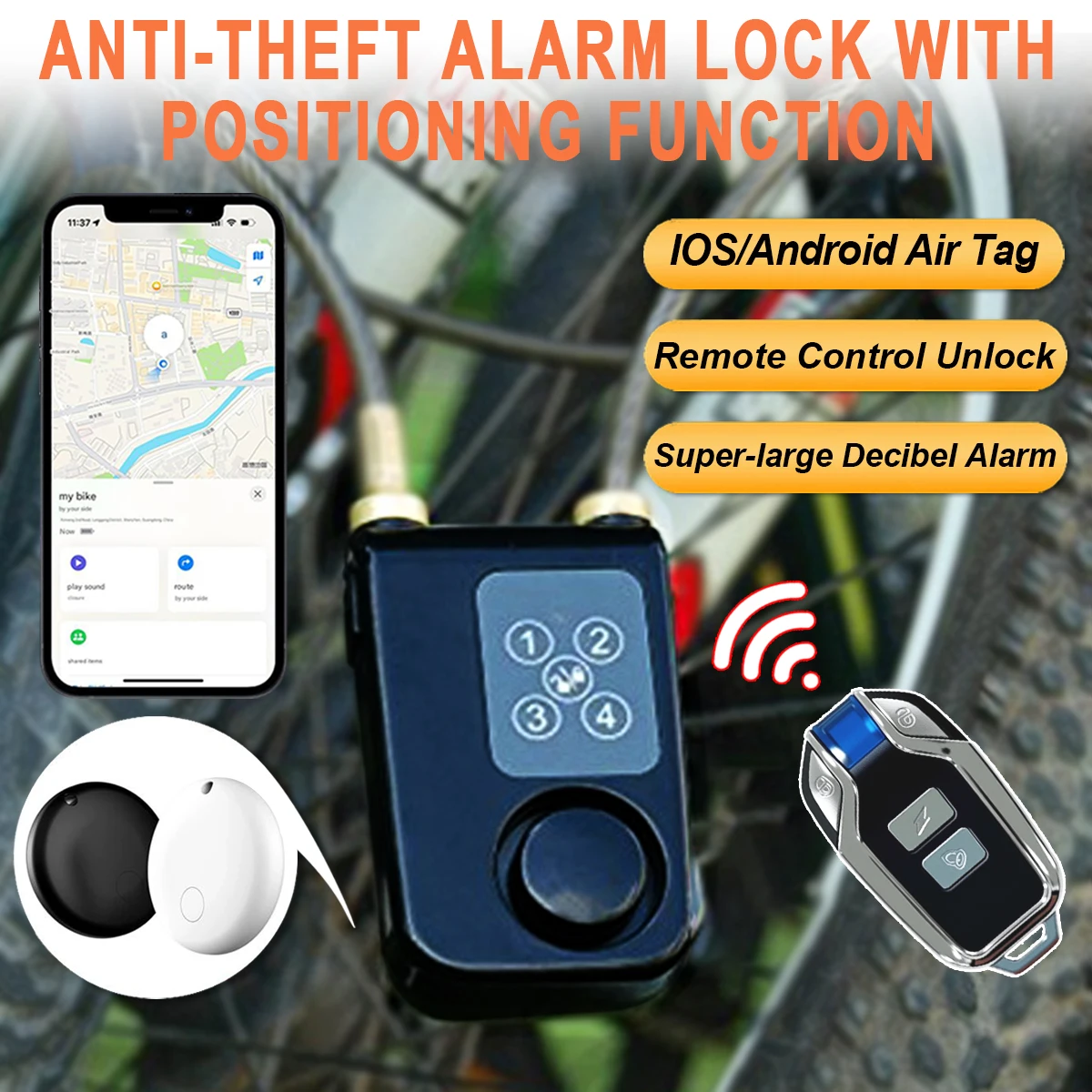 Anti-Theft Alarm Positioning Remote Control Digital Bicycle Safety Lock - Horn Waterproof Push-Button Control Cable 110 Decibel