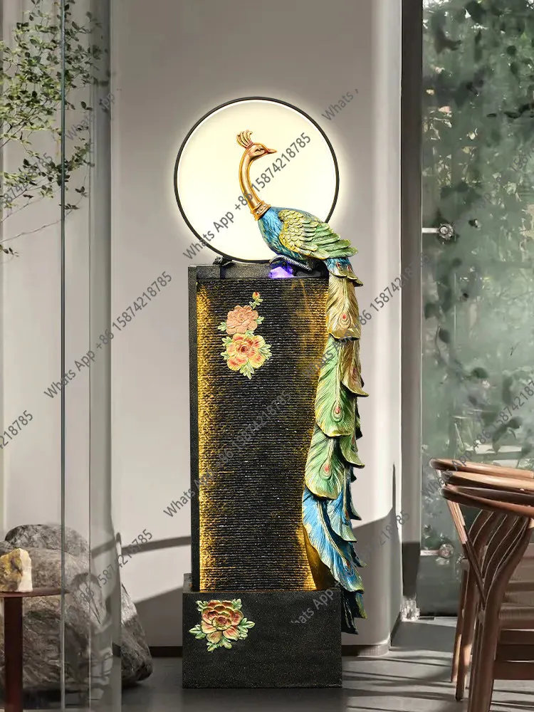 Peacock circulating water curtain wall floor-to-ceiling lucky living room entrance decorative running water device making money