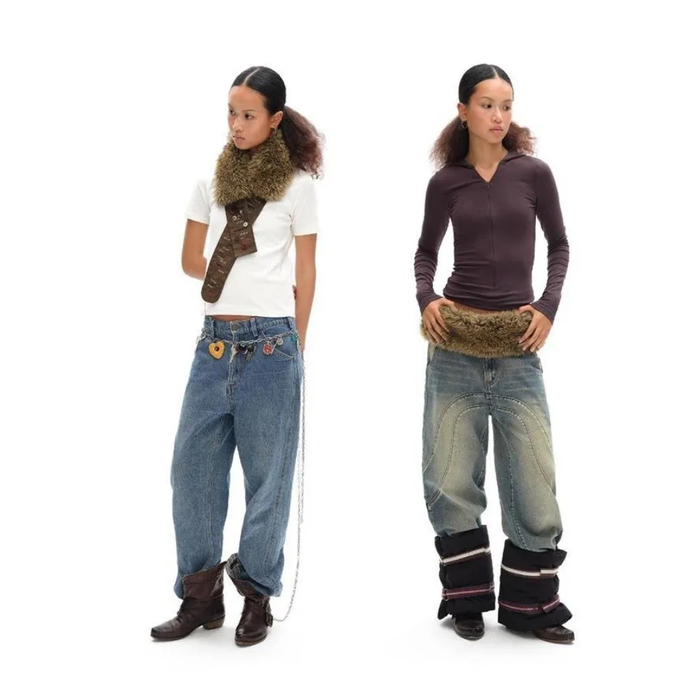 Gothic Punk Retro Leather Belt Hand-Sewn Y2K Waist Cincher Hook Closure Fur Belt Women Fashion Waistband Decor