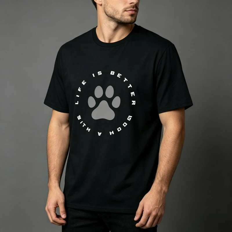 LIFE IS BETTER WITH A DOG Paw Print Graphic T-Shirt Modal Soft Crewneck Pet Lover Front Print Tee
