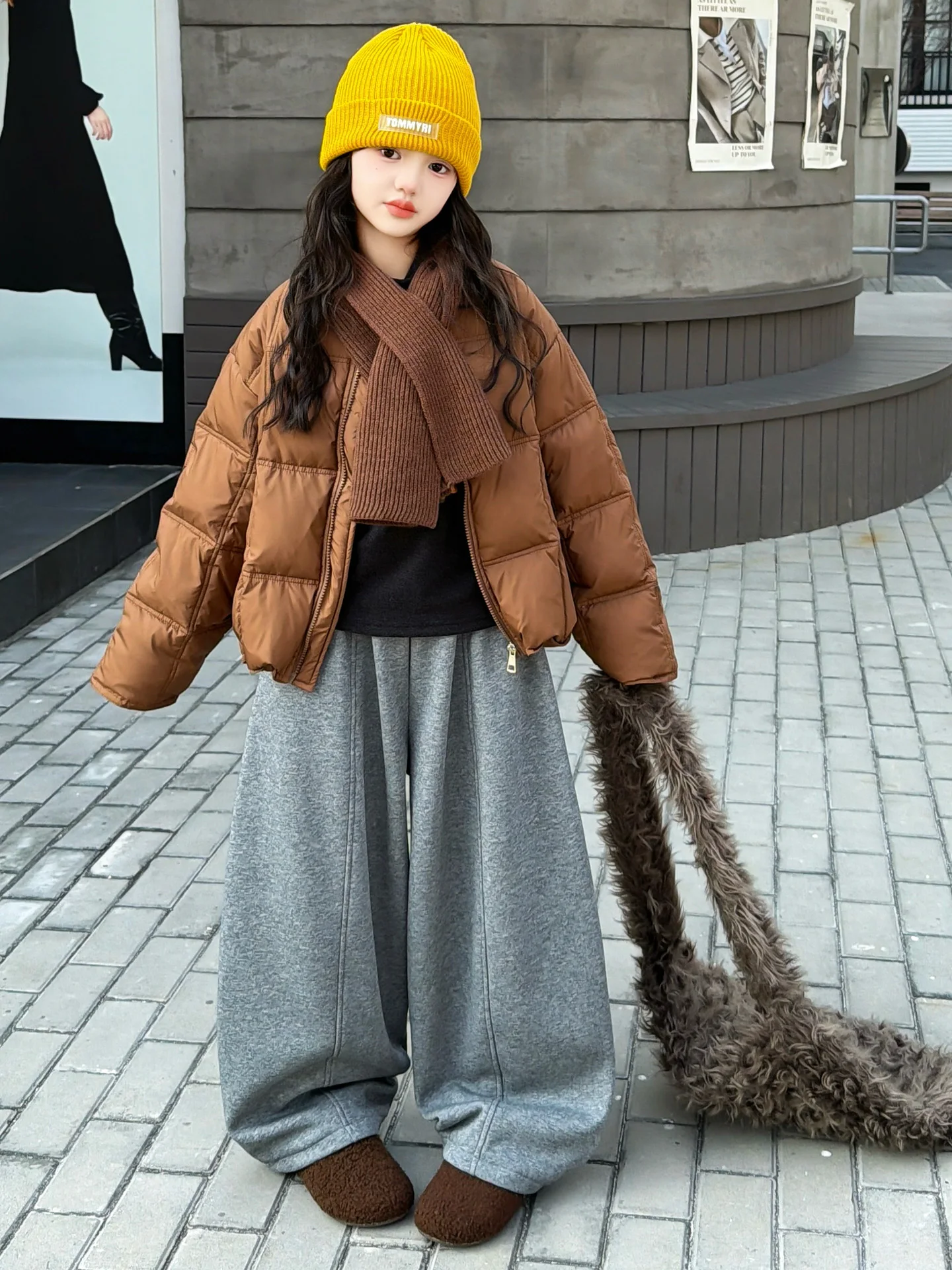 

Thiened Fce Cotton Jaet And Wide Leg Pants Two Piece Set for Girls Trendy Children's Autumn Winter Faion Outfit