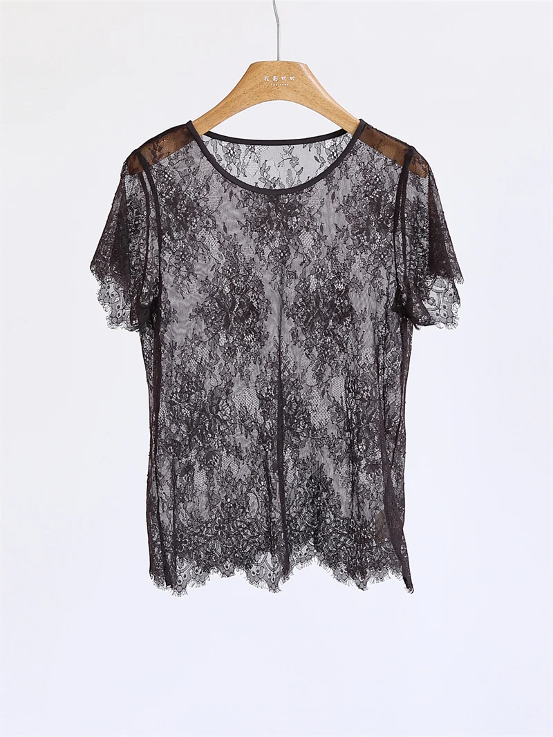 

Retro Lace Shirt Women's Lightweight Comfortable Short Sleeve Base Layer Outerwear Spring Summer French Style round Neck Top