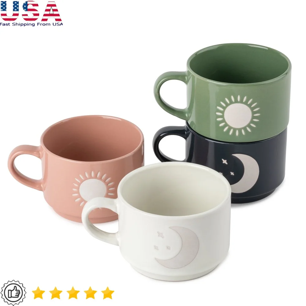 

Stackable Ceramic Celestial Coffee Mugs Set of Four 11oz Durable Kitchen Drinkware Sun Moon Design Space Saving Display