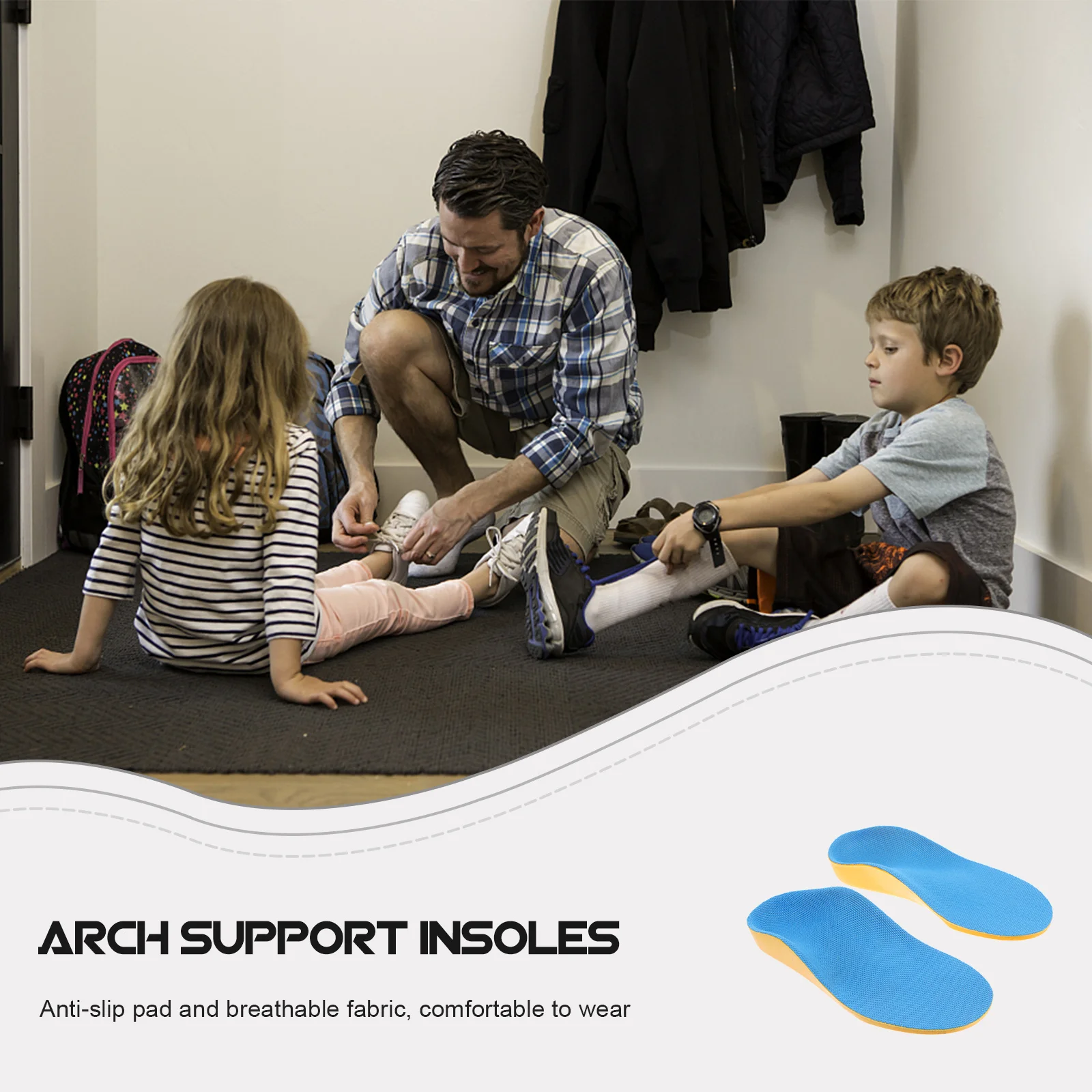 1 زوج قوس دعم النعال تقويم العظام المسطحة للأطفال حجم 33-35 الأزرق الأصفر قوس إدراج تنفس نعال حذاء مريح #5