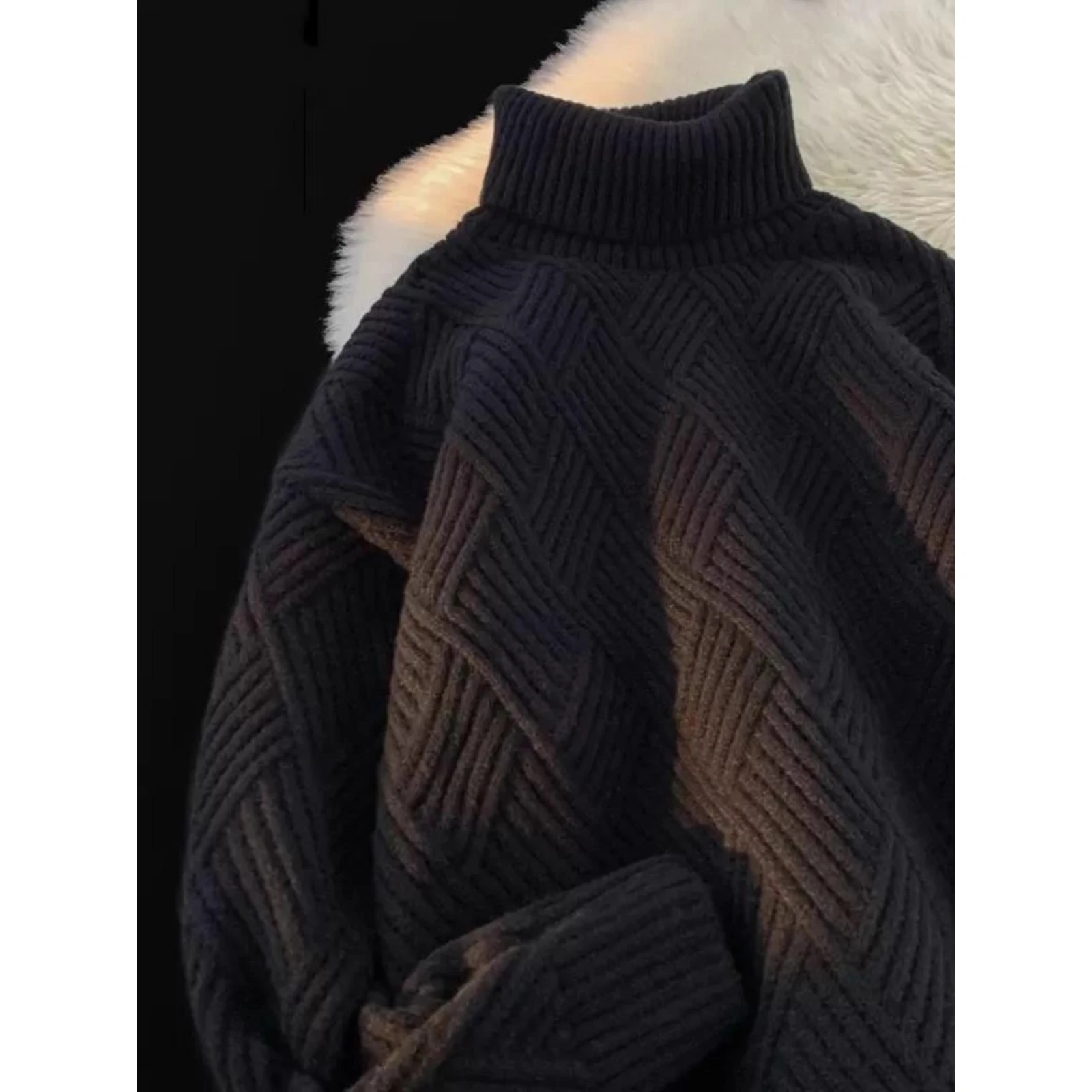 

Мужской повседневный вязаный свитер с высоким воротом, осенне-зимний, больших размеров (до 300 фунтов), модный, в расслабленном стиле, свободного кроя, из полиэфирного волокна