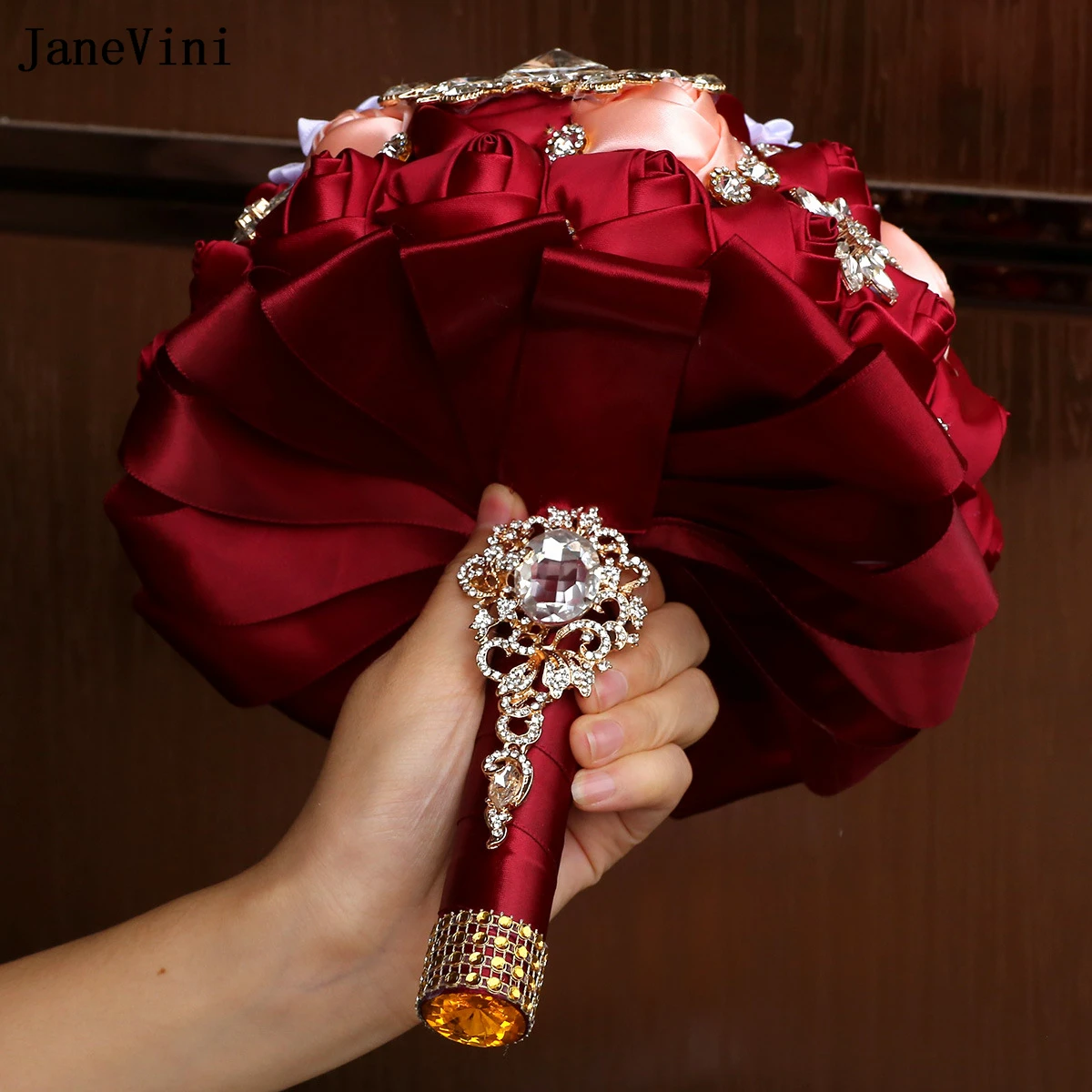 JaneVini-broche de novia de color rojo oscuro europeo, ramos de diamantes de imitación dorados ostentosos, rosas de satén artificiales, joyería, ramo de flores para boda