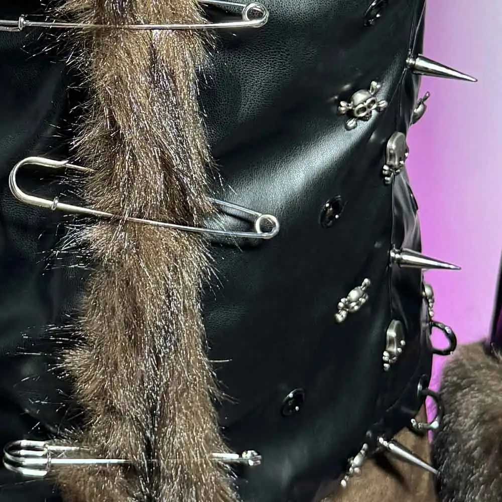 E-Girls لتقوم بها بنفسك Y2K نباتي جلدية فو الفراء سترة معطف القوطي ملابس للنادي دبوس الشرير الصخرة رصع في سن المراهقة الهيب هوب ايمو يدوية الجرونج