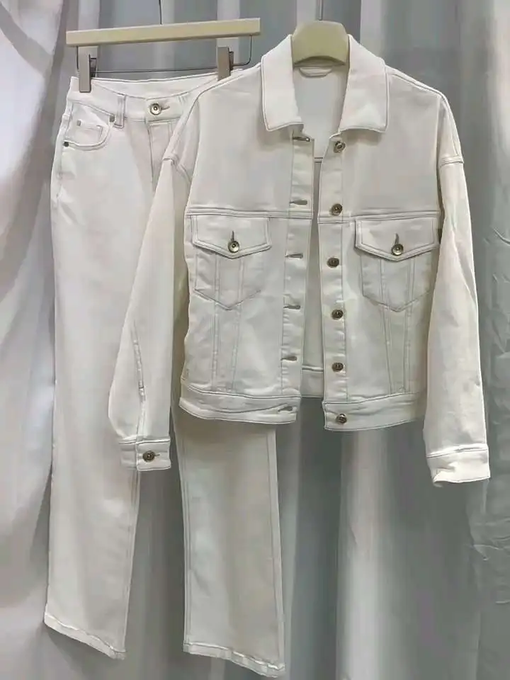 24 B/C High Quality White Denim Collection Soft Wash Short Denim Jacket Coat + Jeans Two Set