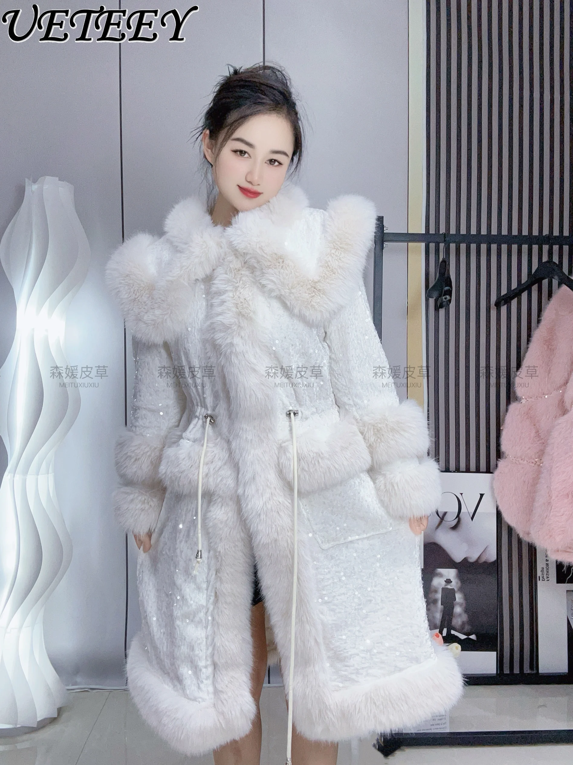 Winter New Heavy Industry Sequins Long Imitation Fur Waist Strap Jacket Temperament Girls Fur Collar Thickened Sweet Warm Coat