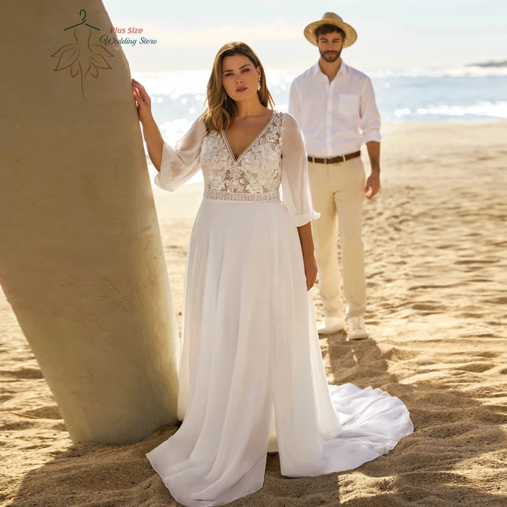 

Exquisite Wedding Dresses Plus Size Customized 3/4 Sleeve Bride Gown With Lace Applique A-Line Sweep Train فستان حفلات