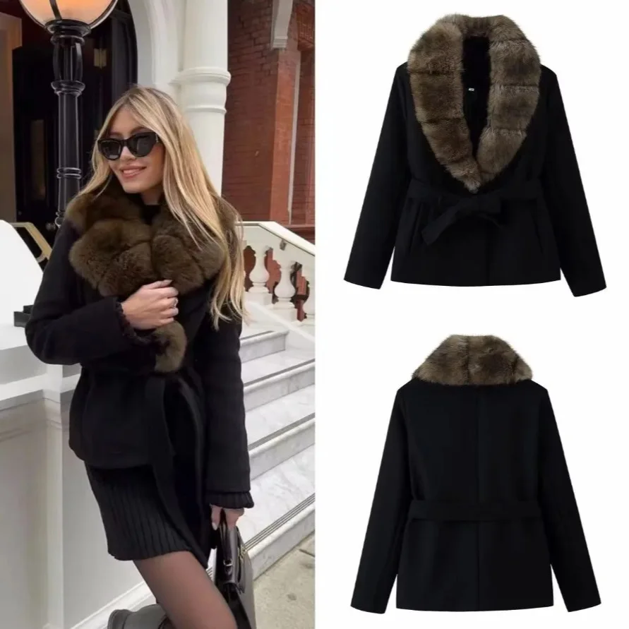 Women's Elegant Wool Coat With Faux Fur Collar Black Wool Blend Coat With Large Fur Collar And Belted Waist For Women Charm YI15