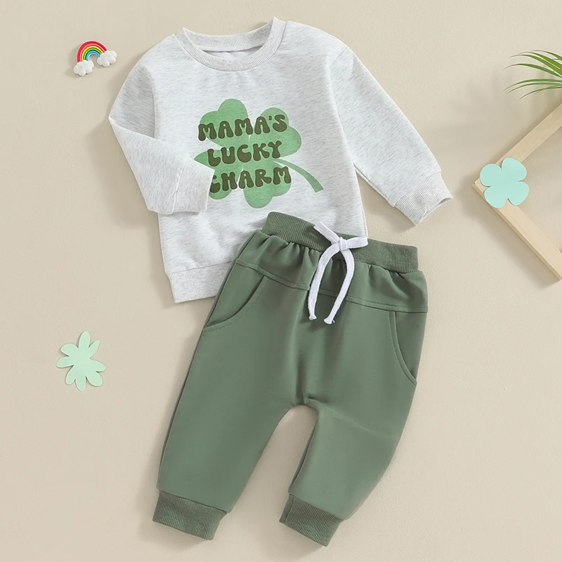 

Baby Boys Pants Set Long Sleeve Crew Neck Letters Shamrock Print Sweatshirt with Elastic Waist Sweatpants Infant Clothes