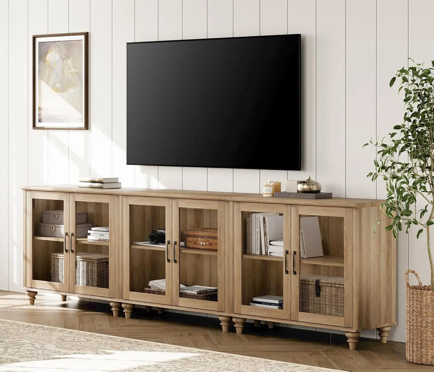 100 Inch TV Stand with Glass Door, Wood TV Cabinet Entertainment Center for 75/80/85 Inch TV, 3-in-1 Kitchen Buffet Cabinet