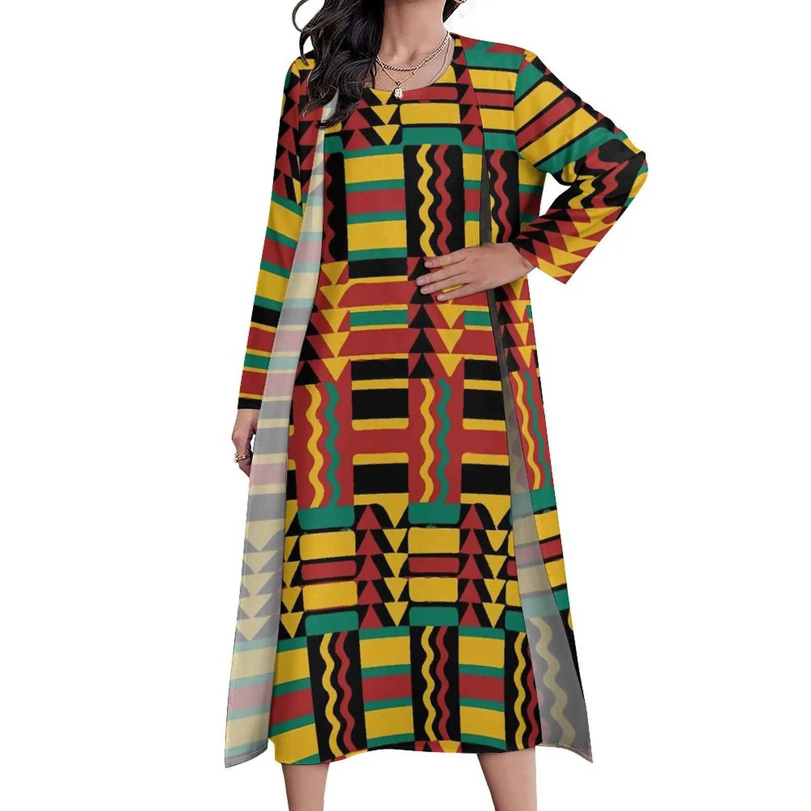 Kente Vintage Geometric Dress Long Sleeve Retro Rasta Colors Street Fashion Boho Beach Long Dresses Ladies Vintage Maxi Dress