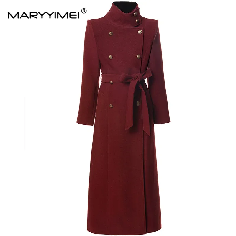 MARYYIMEI Women's New Style Coat Turtleneck Long Sleeved Lace-Up Slim Wine red Autumn and Winter Long Overcoat