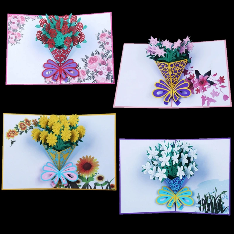 Biglietto d'auguri 3D con fiori di rose pop-up, invito a Natale, compleanno, Capodanno