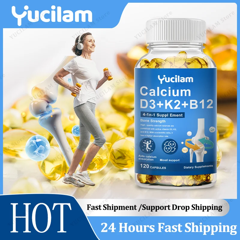 Vitamin D3 + K2 + B12 Calcium Capsule Daily Vitamin Supplement Supports Healthy Bones & Muscles & Heart & Energy & Mood Function
