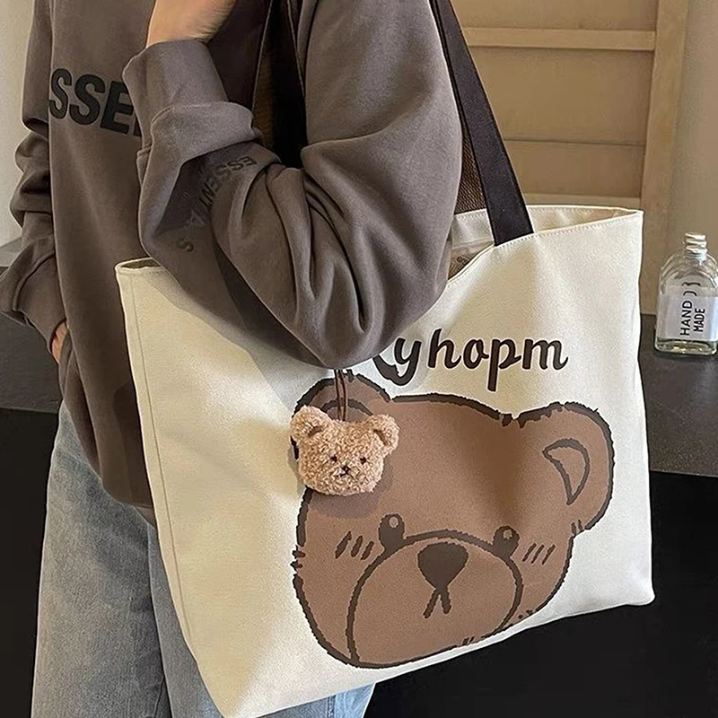 Bolsa de ombro de lona urso dos desenhos animados Tote de grande capacidade Bolsa de escola Casual Bolsa de axilas