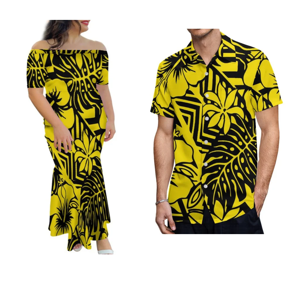 

Polynesian Tribe Hibiscus Flower Design Women'S Dress Men'S Shirt Custom Samoa Club Couple Set Summer High Quality Dress 2024