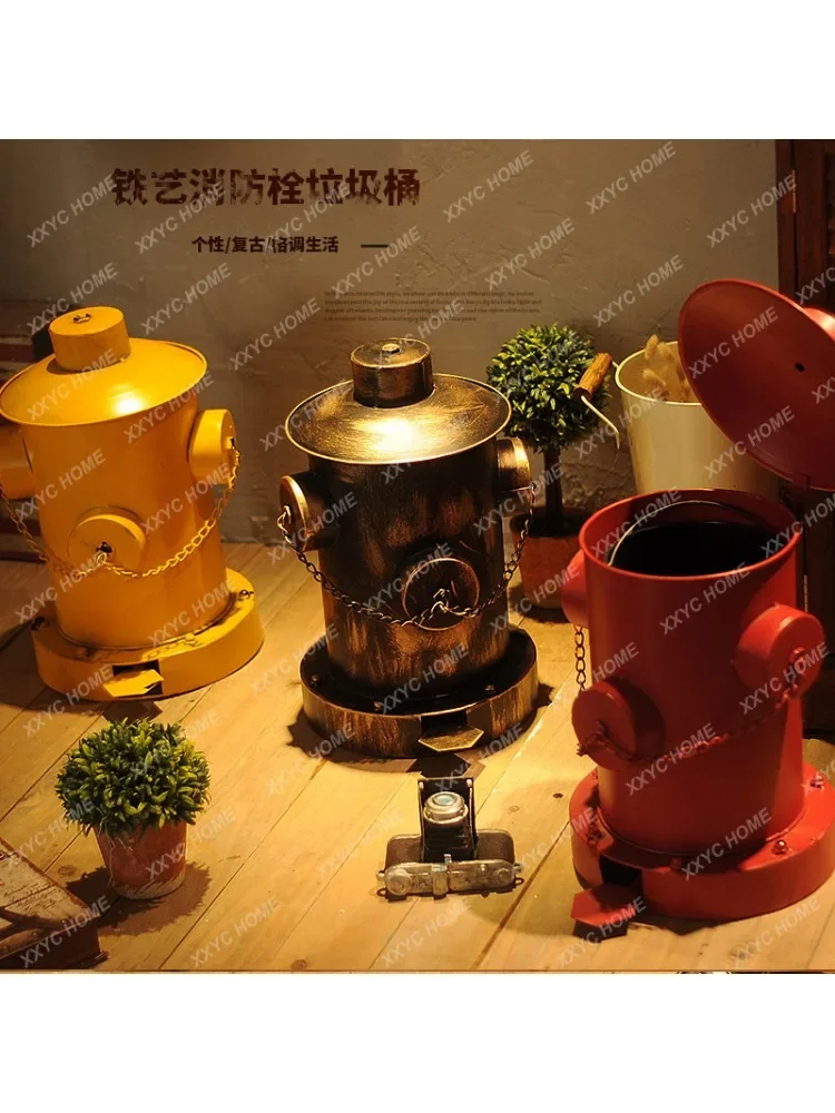 Retro Industrial Fire Hydrant Iron Trash Can Pedal Home Living Room Creative Household Restaurant Bar with Lid