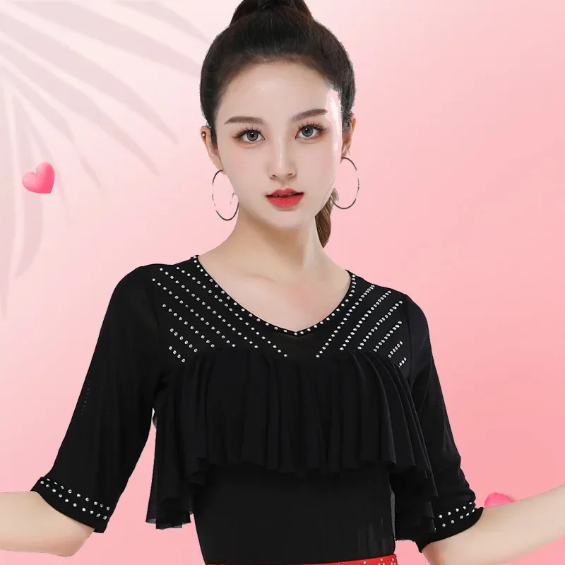 Latin Tops Women Dance Wear Ballroom Party Dresses Summer New Latin Hot Diamond Training Clothes Practice Samba Line Dance Top