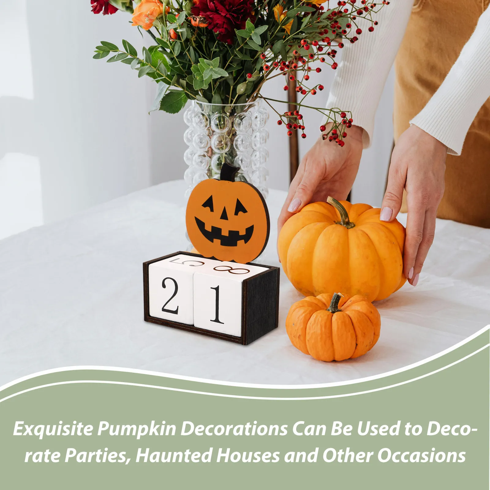 Wooden Desk Calendar Halloween Pumpkin Decorative Rustic Perpetual Manual Turning Calendar for Home Office Table Decor view 3