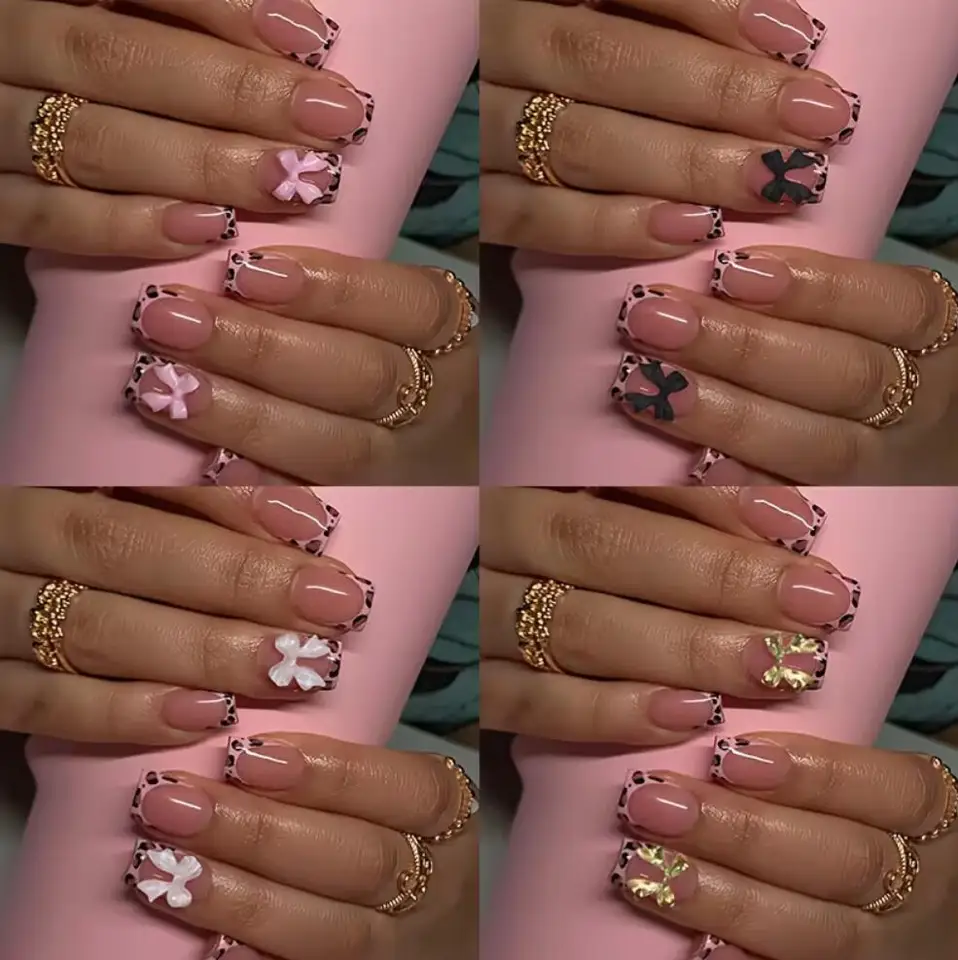 24/96 piezas de uñas postizas nude con estampado de leopardo y moño francés, cortas redondas cuadradas, uñas de presión Y2K lindas con moño de leopardo, puntas acrílicas 6