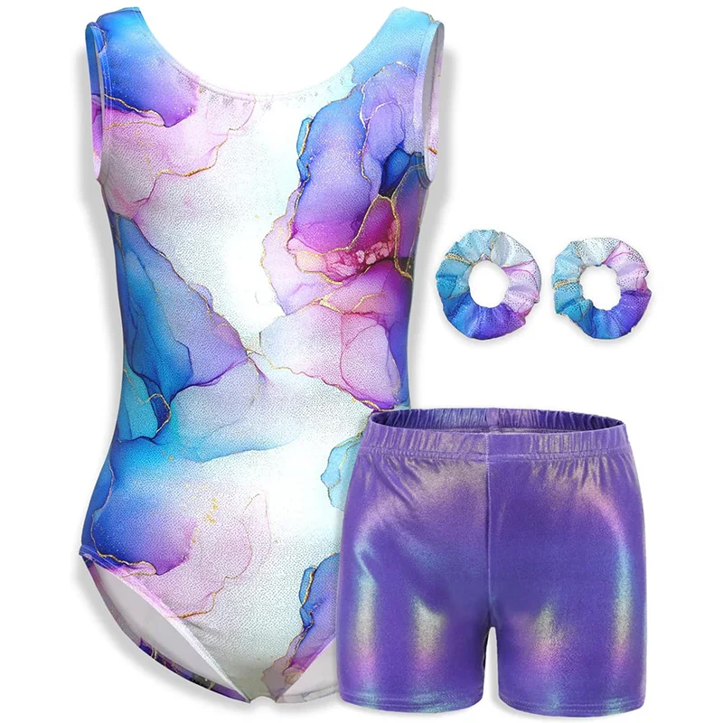 الفتيات 4 قطعة قميص قصير بلا أكمام الباليه الرقص ثياب لفتاة الجمباز الرقص تراجع وتتسابق مع مطابقة السراويل العصابات الشعر #1