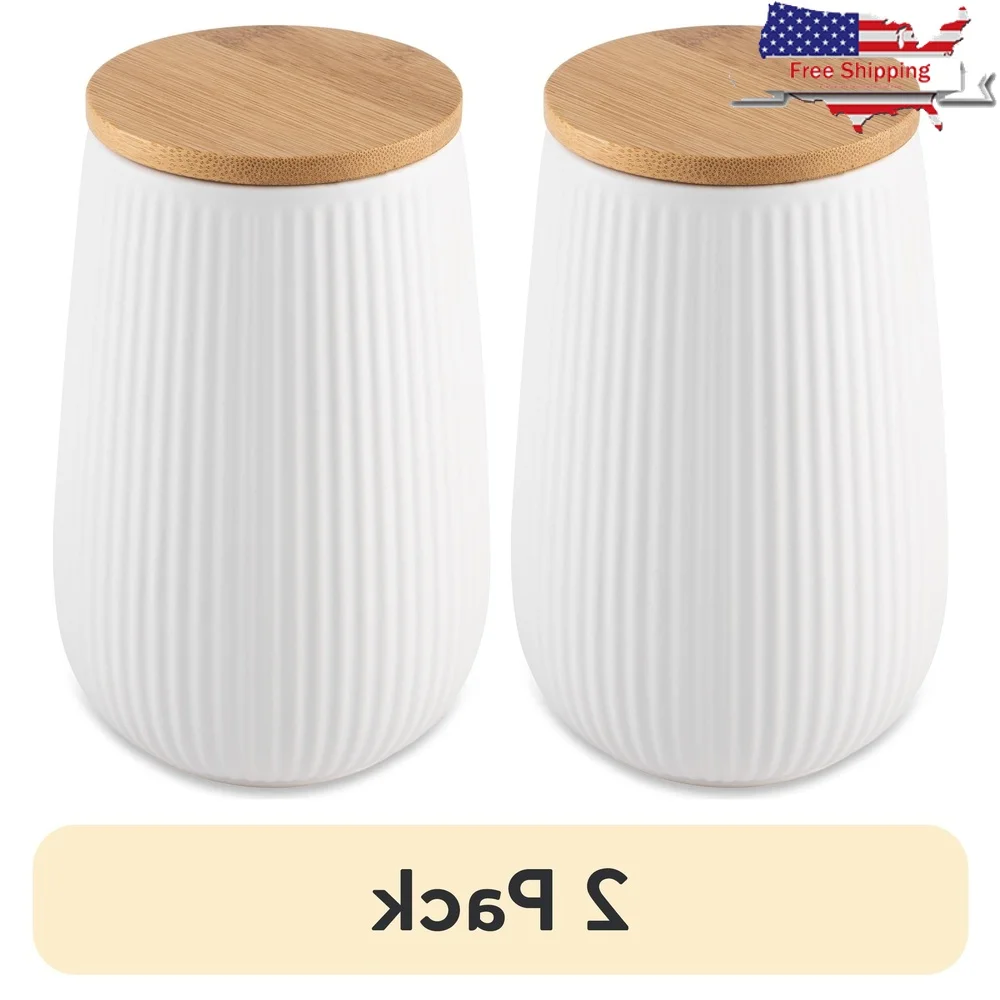 

2 Pack Airtight Ceramic Canister with Bamboo Lid Kitchen Storage Ribbed Design Flour Pasta Cereal Durable Organizing Solutions