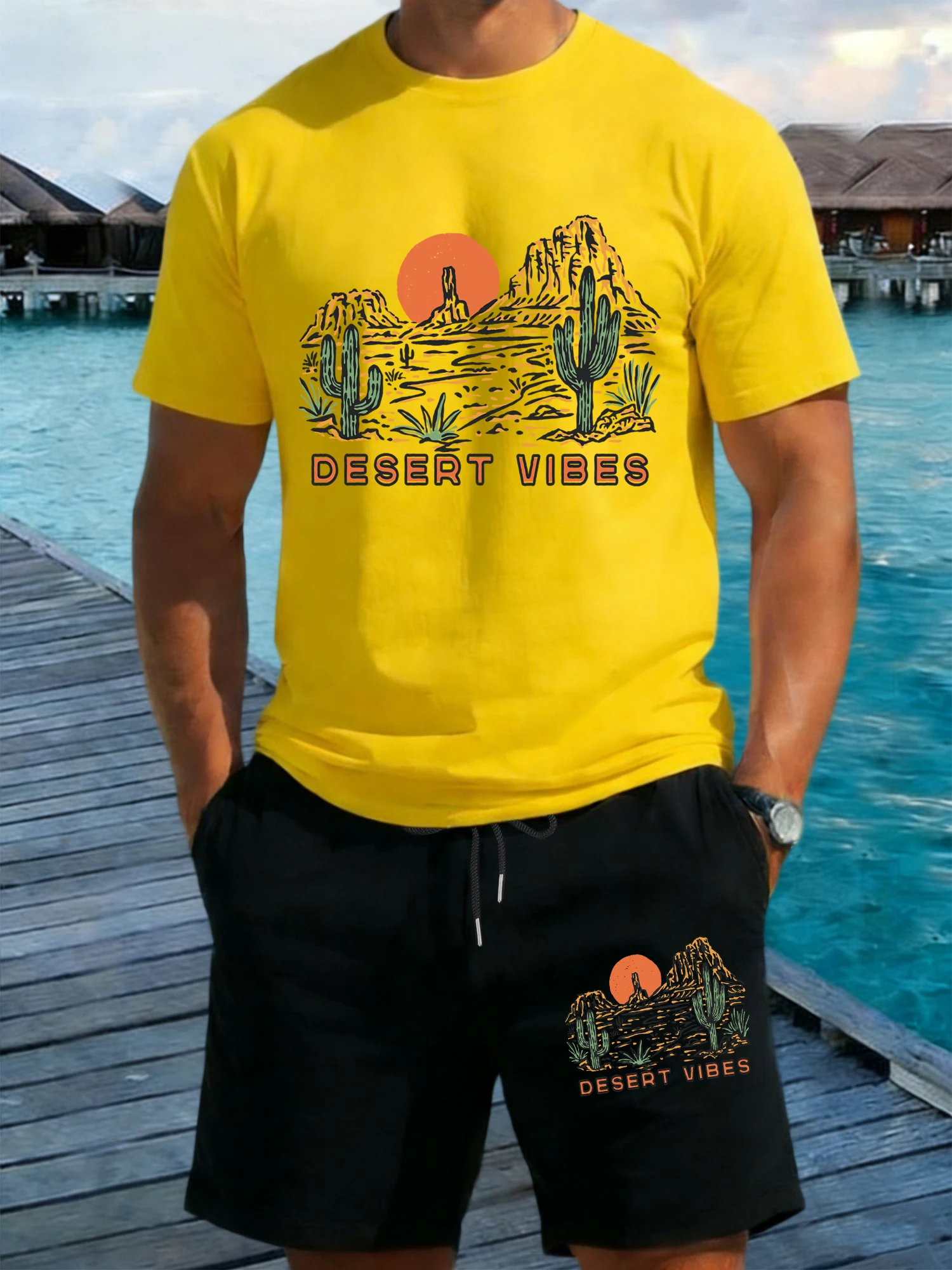 

Desert Vibes Cactus Print Men T-Shirt Set Cotton O-Neck T Shirts Summer Wide-Leg Shorts Drawstring Comfortable Black Pant