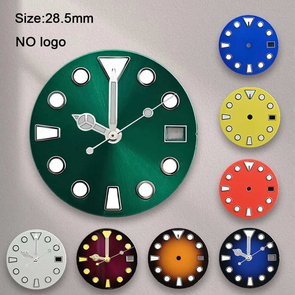 High-Quality 28.5 mm No Logo Blank Dial For NH35 Movement Custom Logo Green Luminous Watch Dials Hands Watch Repair Tools