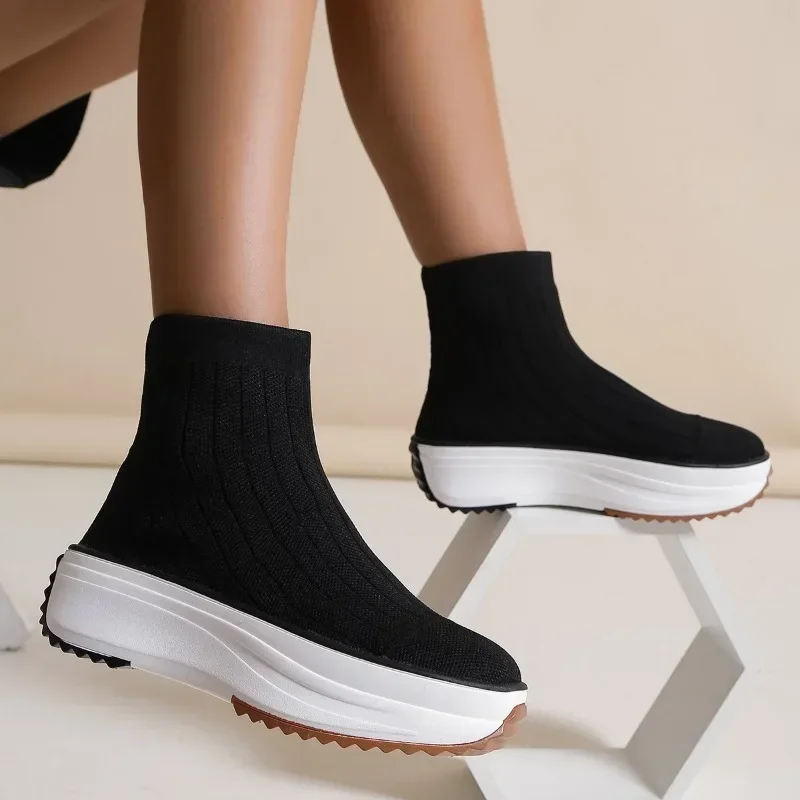 Women Shoes New Women\'s Boots Fashion Stretch Knit Sock Boots Autumn Winter Short Tube Platform Ankle Boots Female